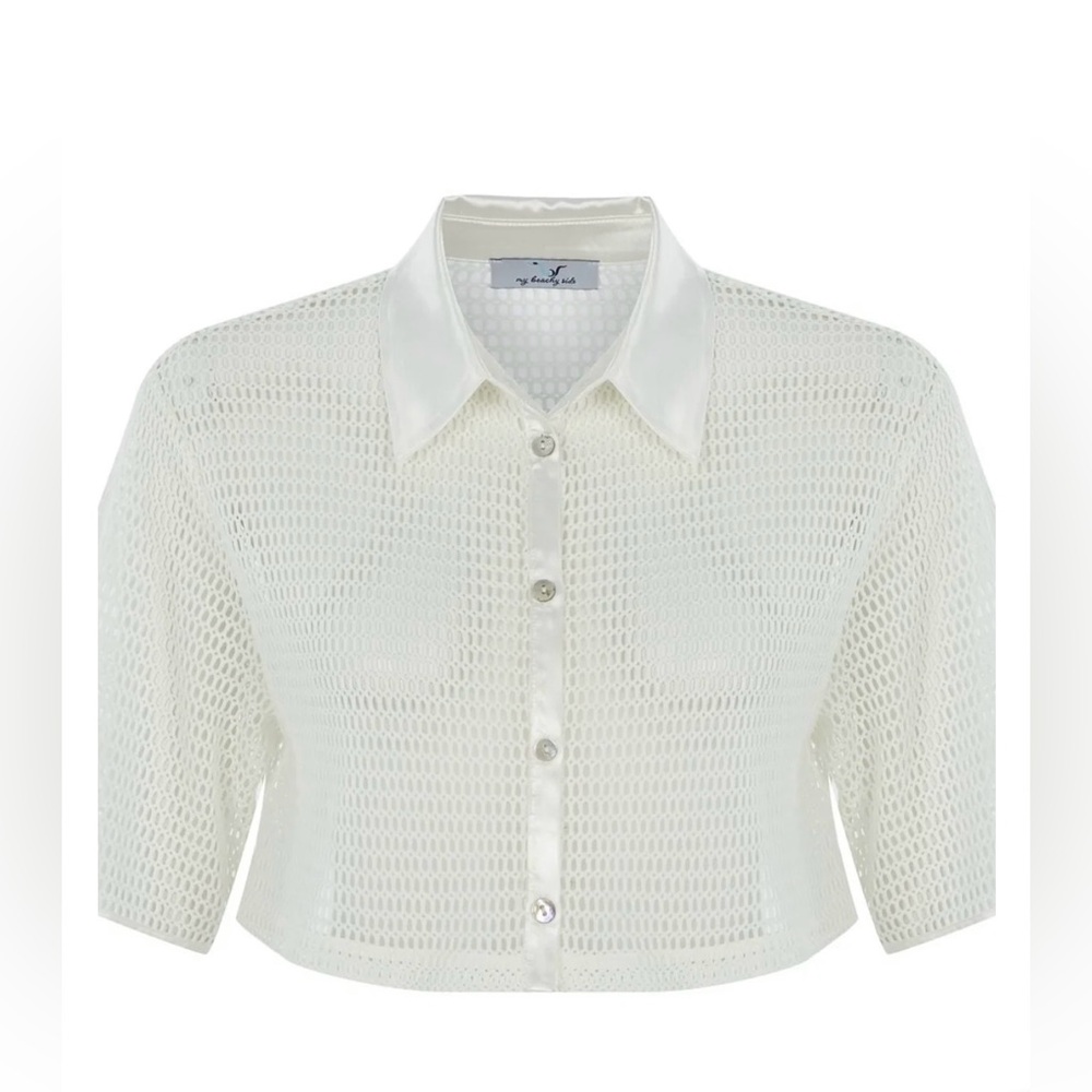 NWT My Beachy Side White Mesh Button-Up Crop Top Size Medium